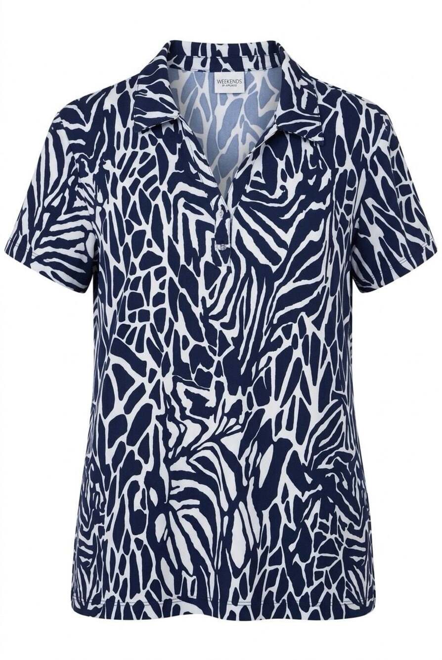 Chico's Weekends Navy Blue White Abstract Animal Print Polo Shirt Size 3